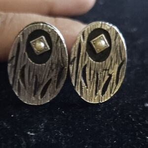 Oval Wooden Design Silver Tone  Cufflinks